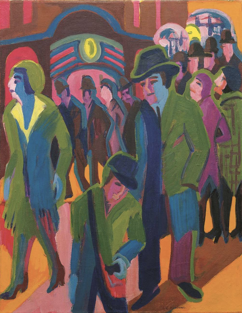 Bunte expressionistische Straßenszene mit mehreren Personen in Hüten und Mänteln.